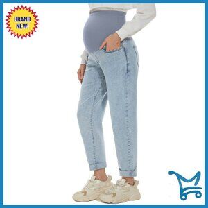 Maternity Boyfriend Jeans Over Belly Stretch 28" Loose Fit Pregnancy Pants